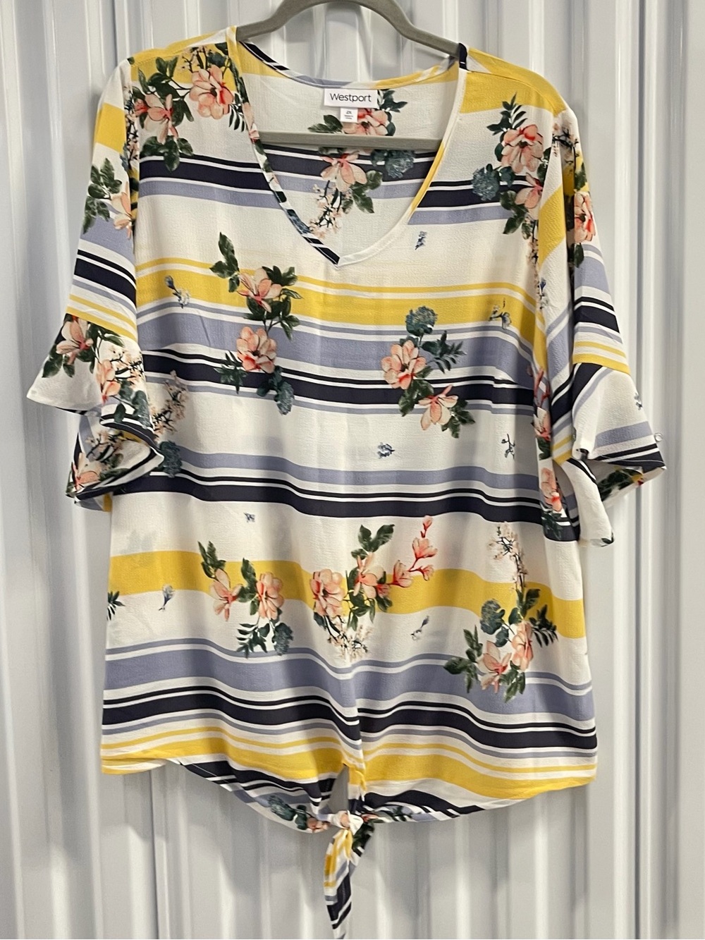 Westport Yellow Navy Floral Stripe V-Neck Tie-Front Blouse Size 2X